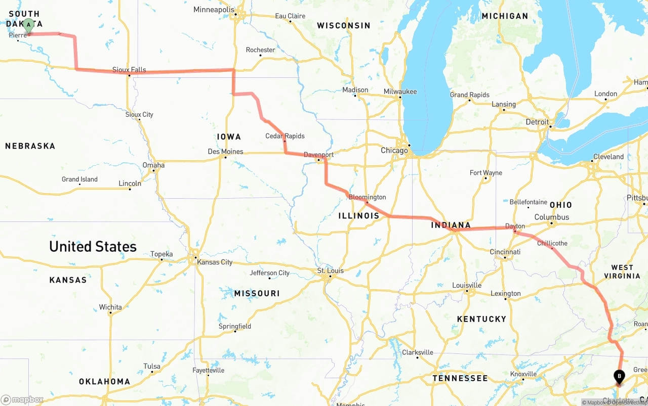 Shipping route from South Dakota to North Carolina