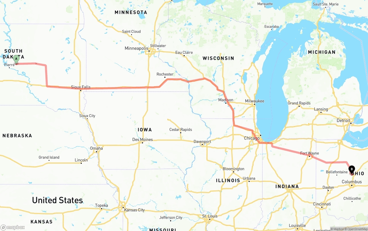 Shipping route from South Dakota to Ohio
