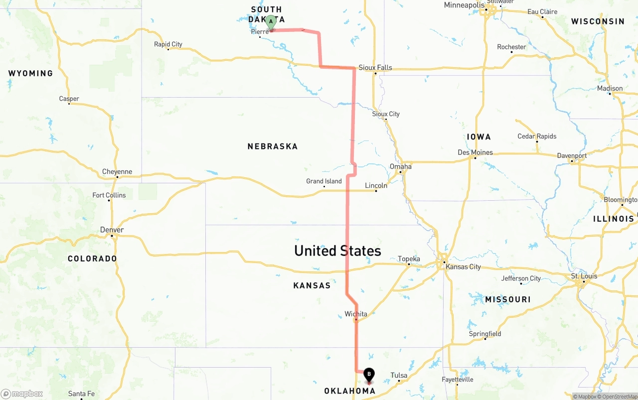 Shipping route from South Dakota to Oklahoma