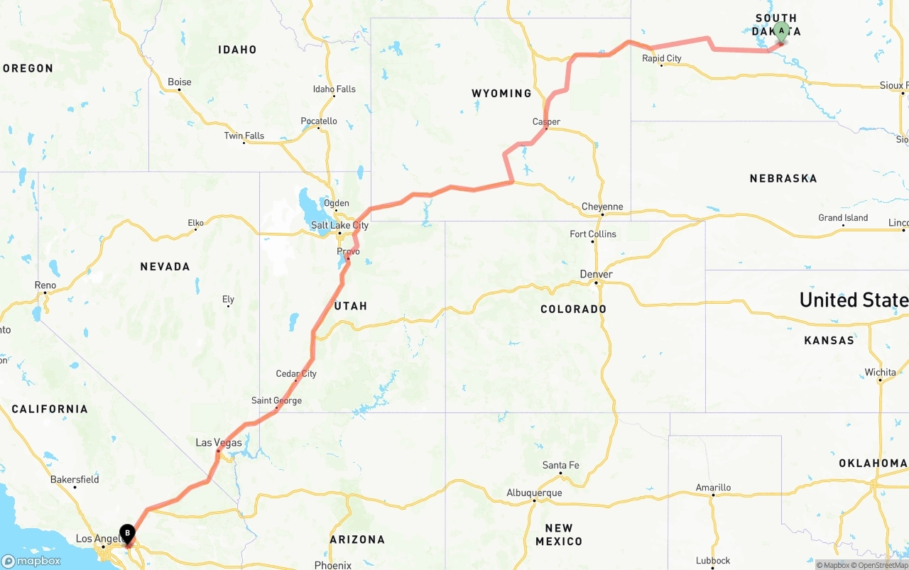 Shipping route from South Dakota to Ontario International Airport