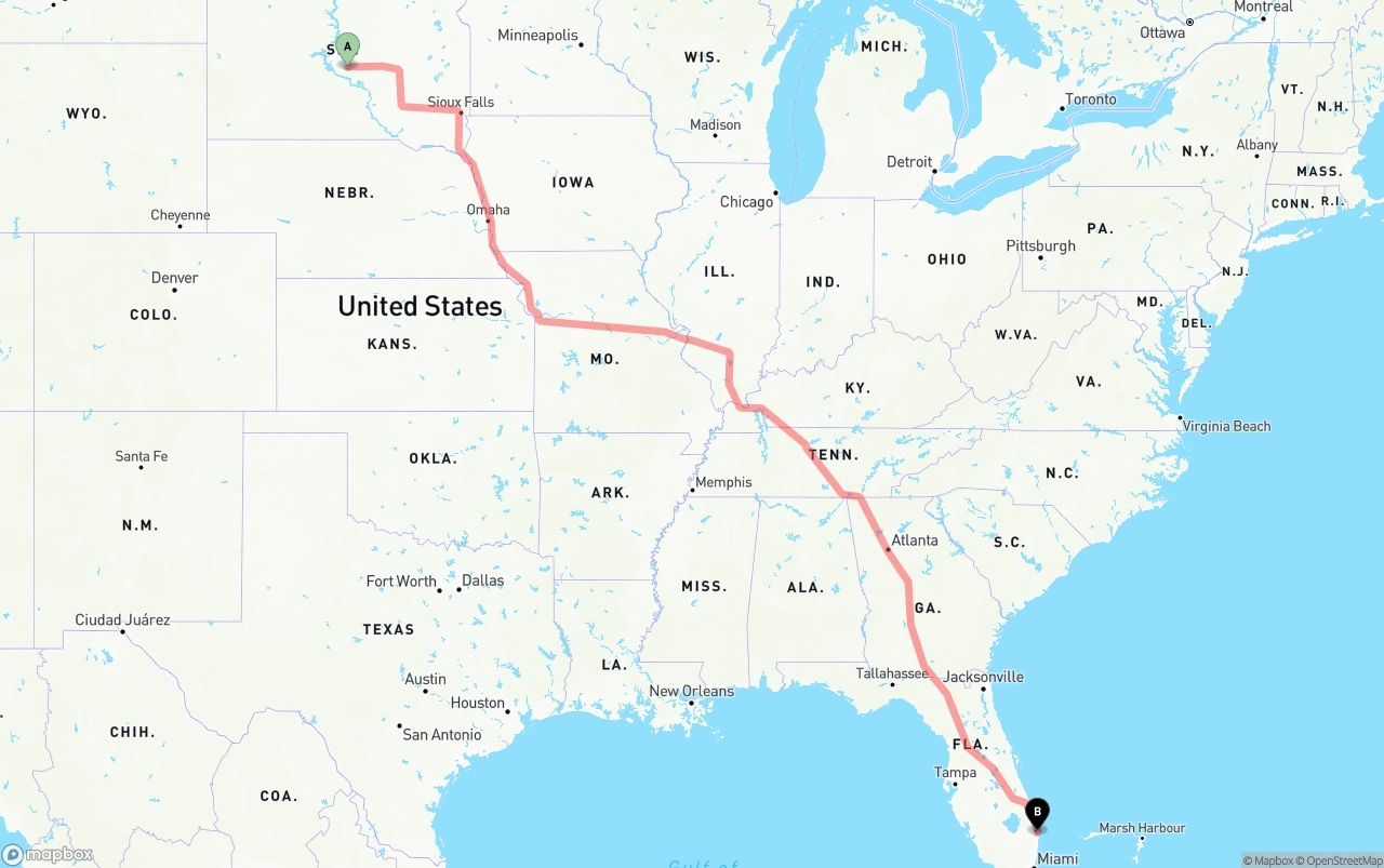 Shipping route from South Dakota to Palm Beach International Airport
