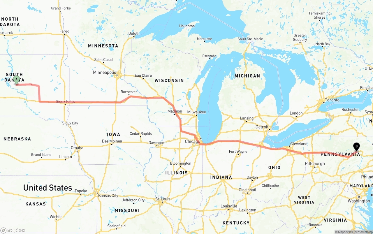 Shipping route from South Dakota to Pennsylvania