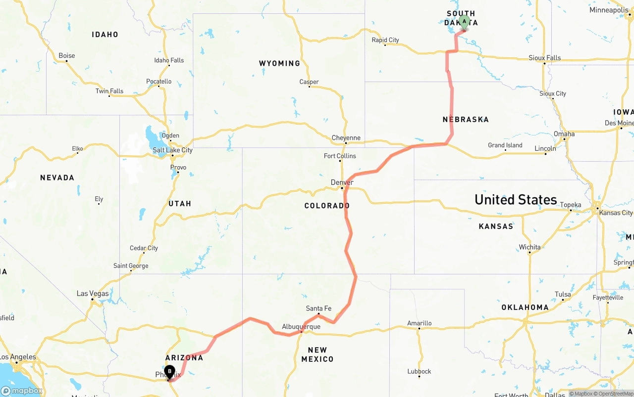 Shipping route from South Dakota to Phoenix Sky Harbor International Airport