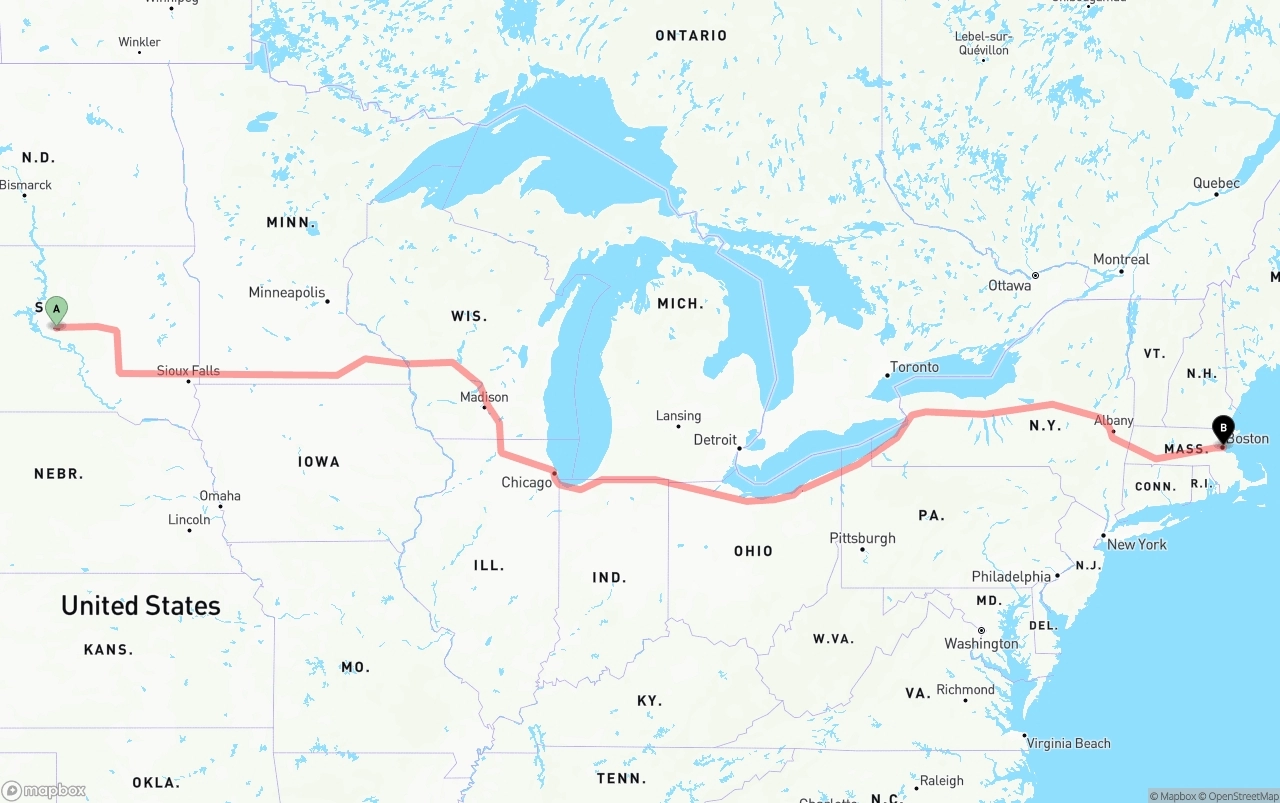 Shipping route from South Dakota to Port of Boston