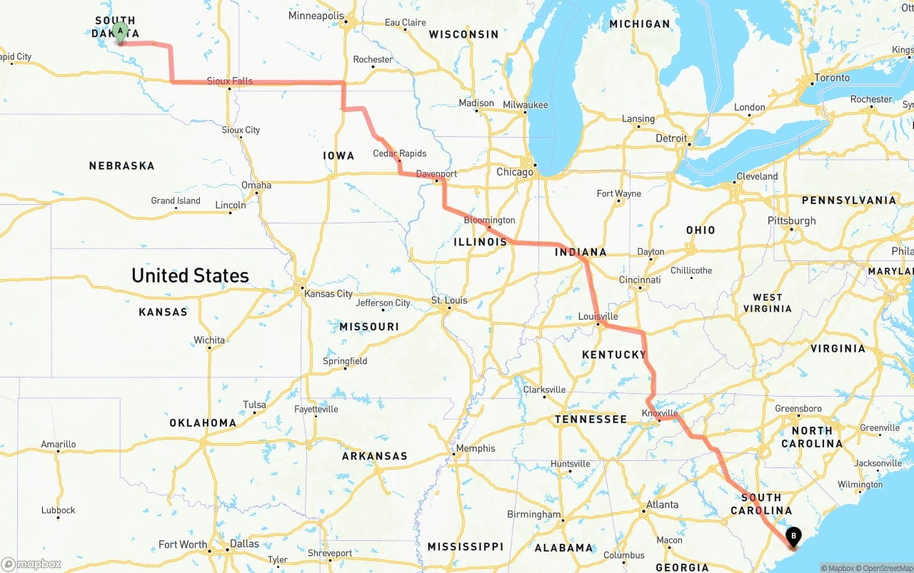 Shipping route from South Dakota to Port of Charleston