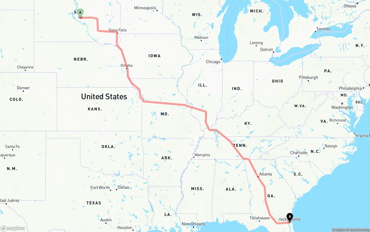 Shipping route from South Dakota to Port of Jacksonville