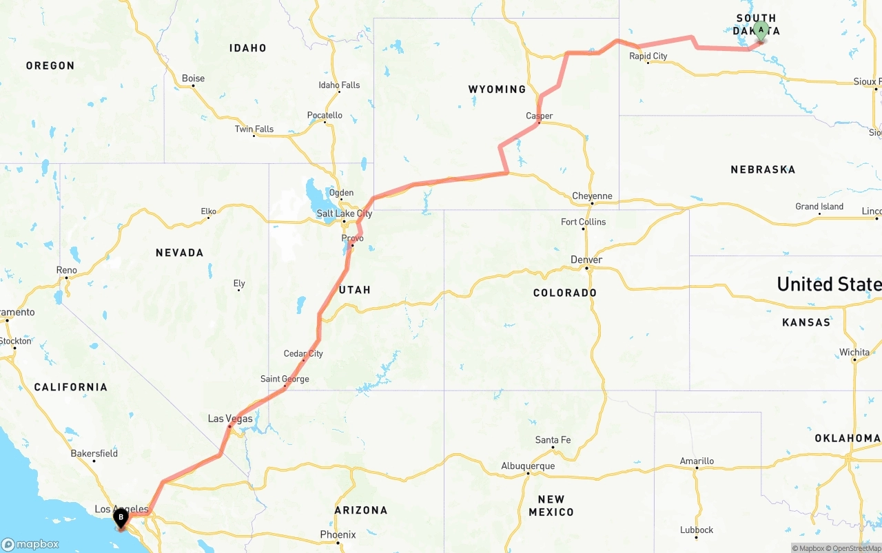 Shipping route from South Dakota to Port of Los Angeles