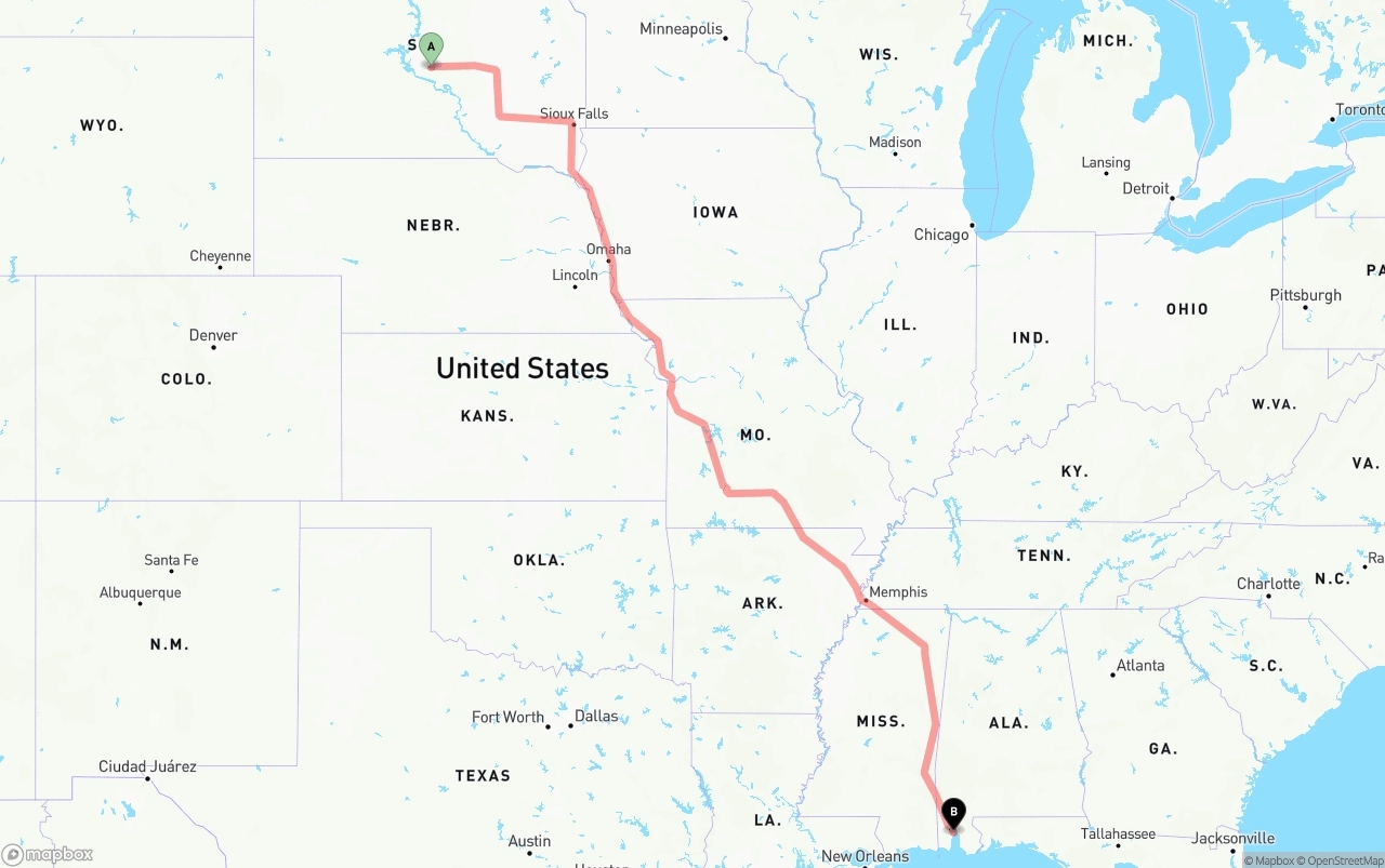 Shipping route from South Dakota to Port of Mobile