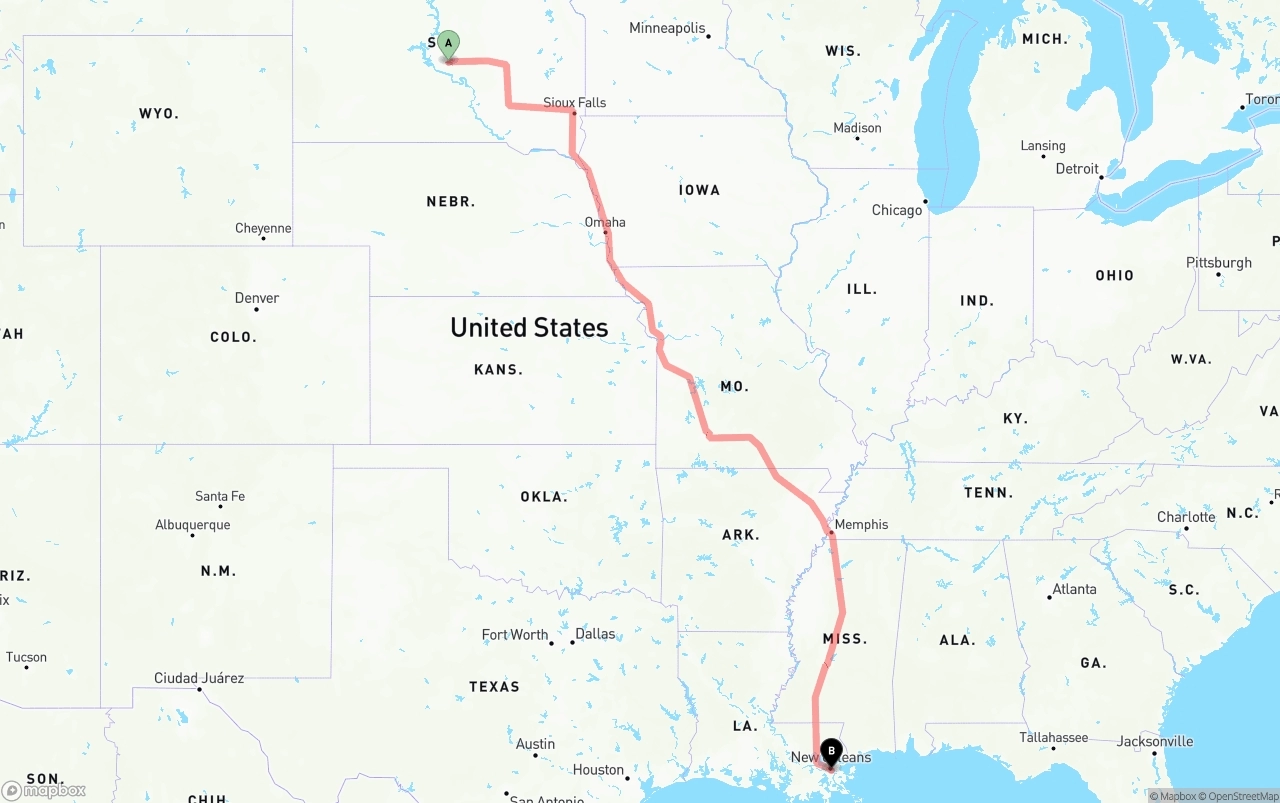 Shipping route from South Dakota to Port of New Orleans