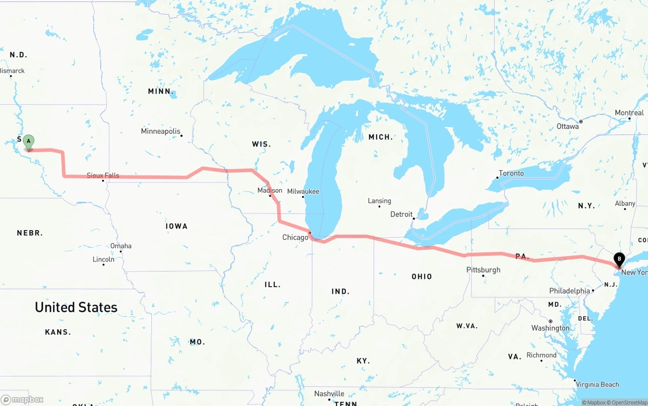 Shipping route from South Dakota to Port of New York