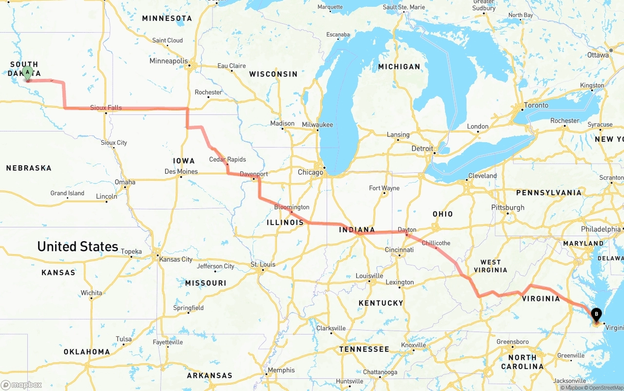 Shipping route from South Dakota to Port of Norfolk
