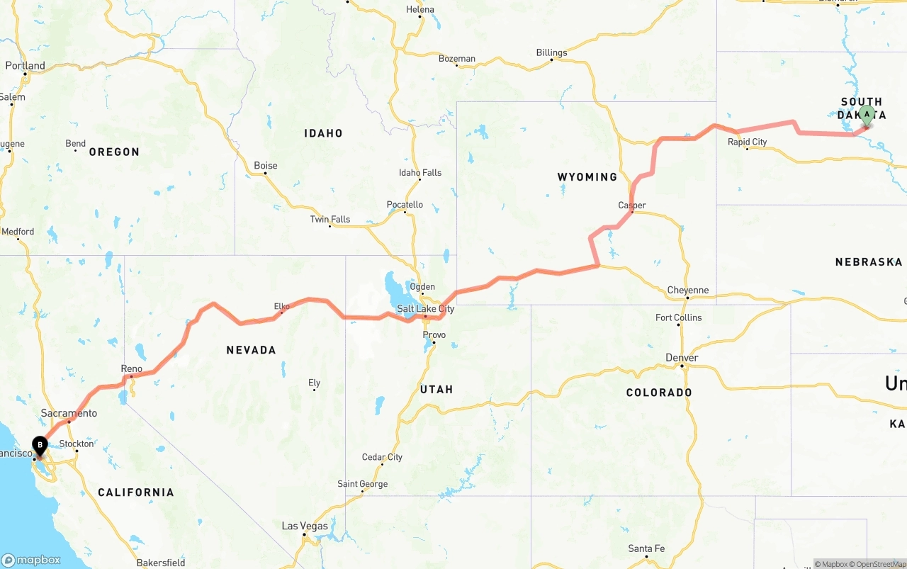 Shipping route from South Dakota to Port of Oakland