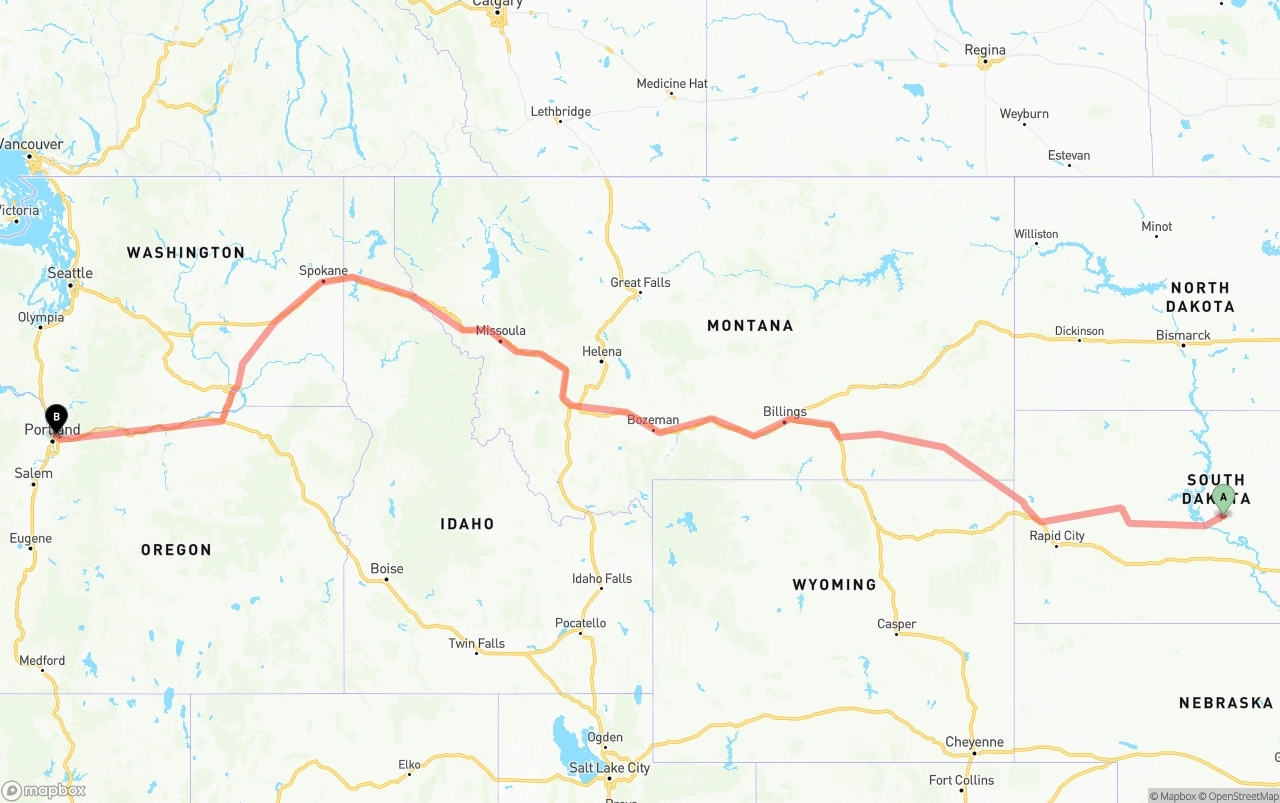 Shipping route from South Dakota to Portland International Airport