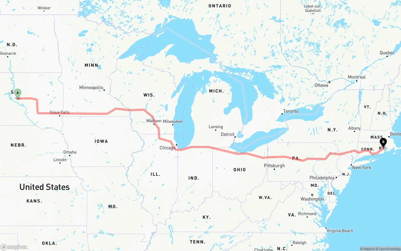 Shipping route from South Dakota to Rhode Island