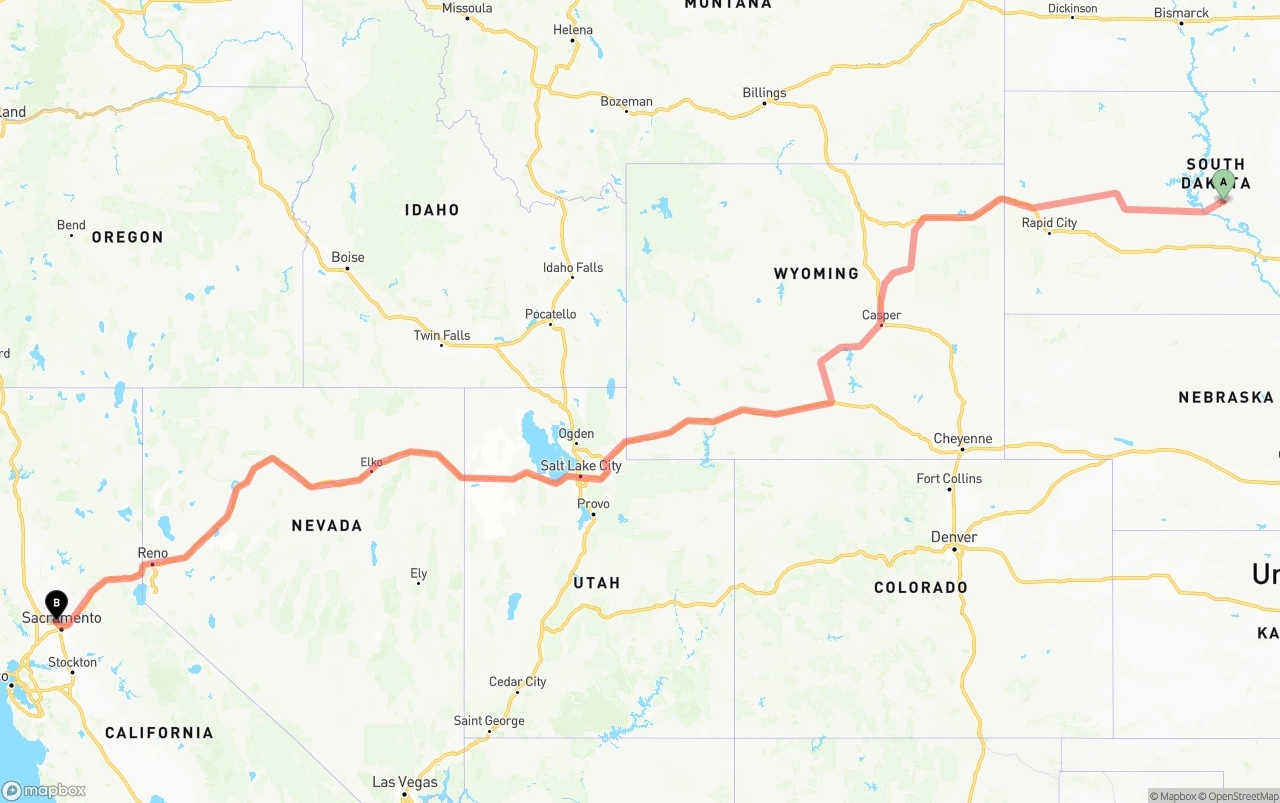 Shipping route from South Dakota to Sacramento International Airport