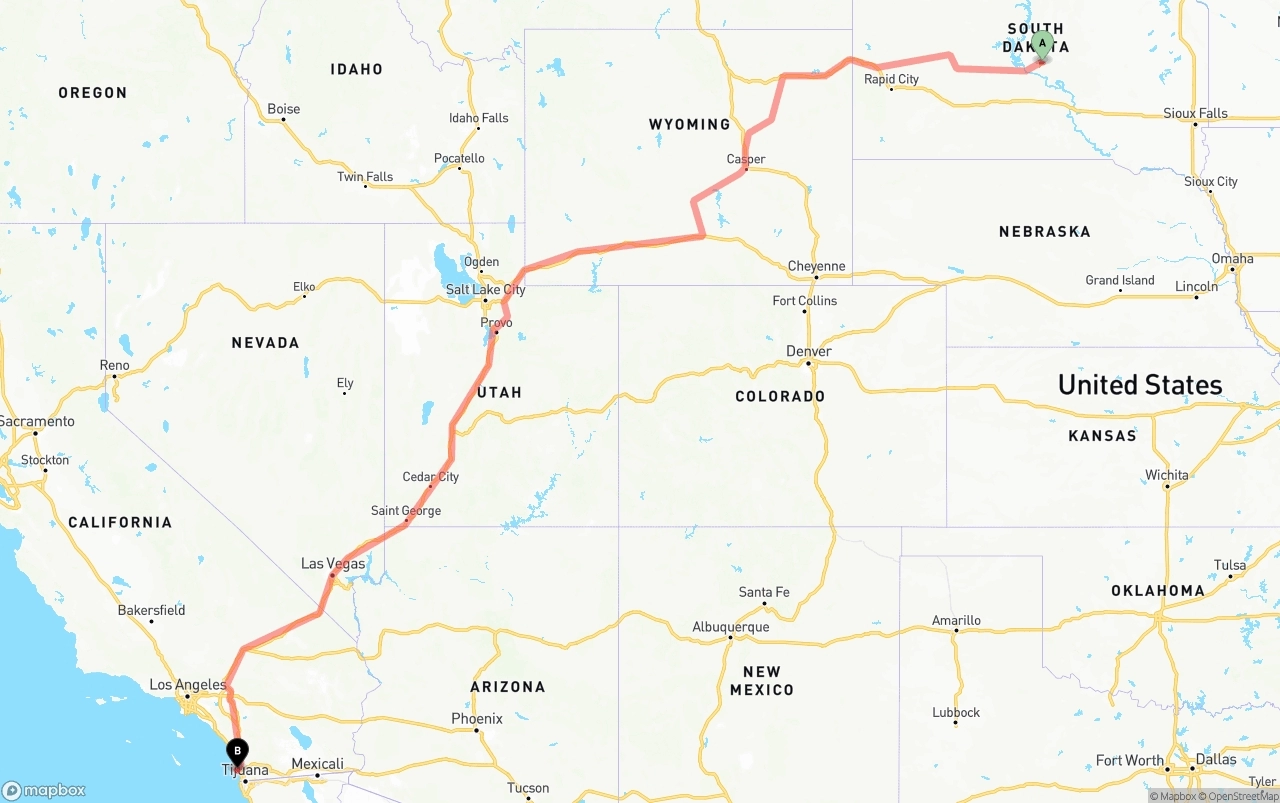 Shipping route from South Dakota to San Diego International Airport