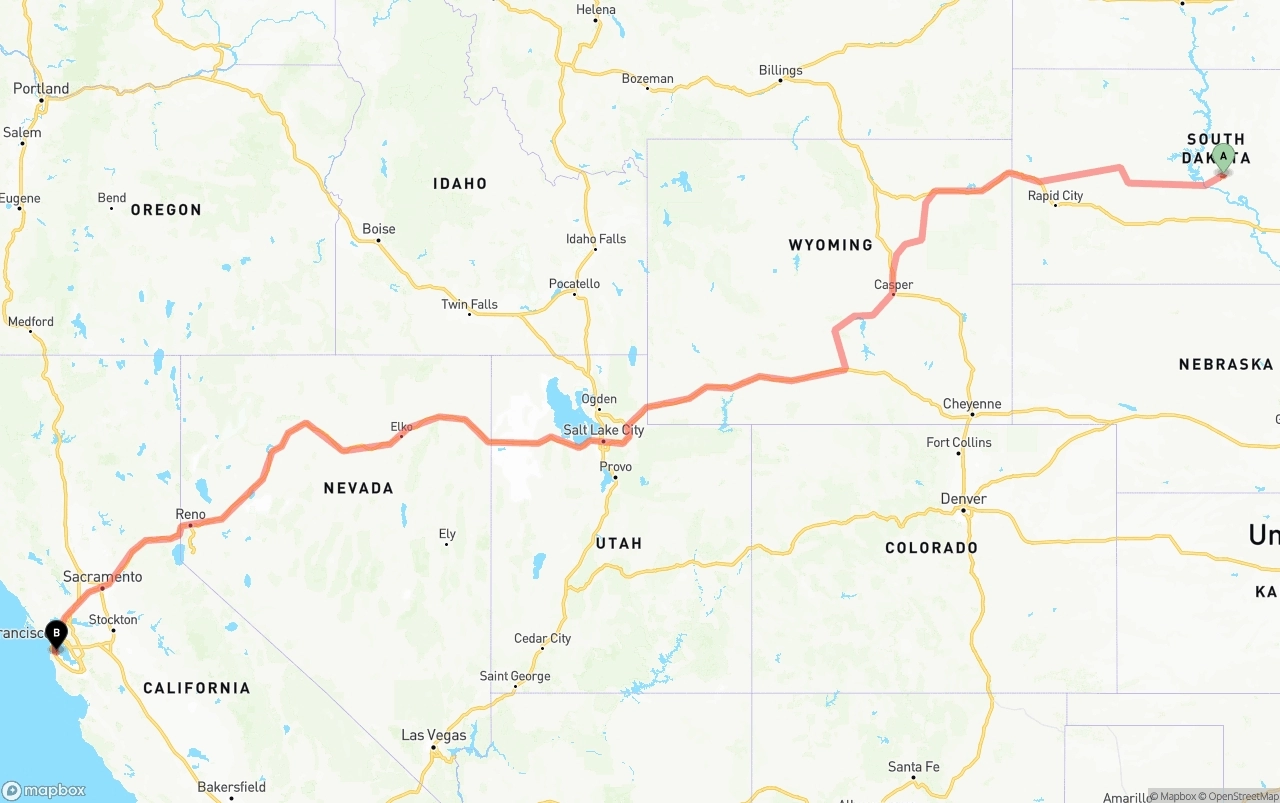 Shipping route from South Dakota to San Francisco International Airport