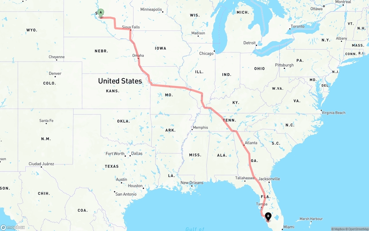 Shipping route from South Dakota to Southwest Florida International Airport