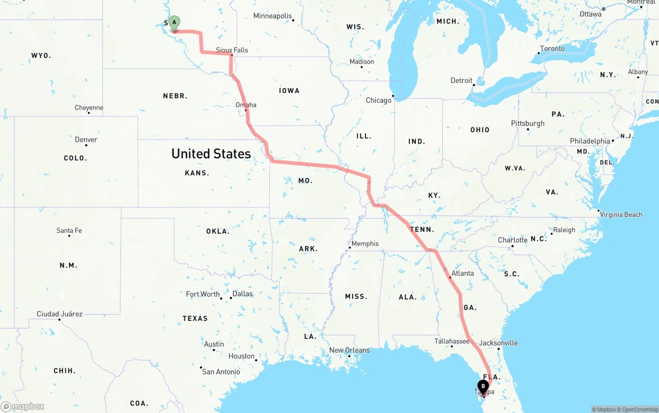 Shipping route from South Dakota to Tampa International Airport