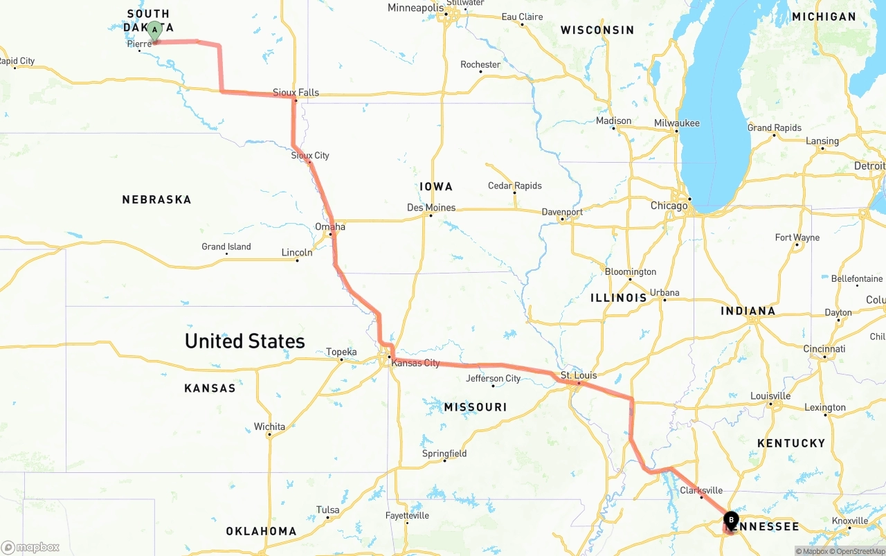 Shipping route from South Dakota to Tennessee