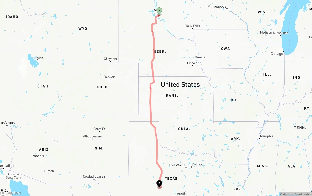 Shipping route from South Dakota to Texas