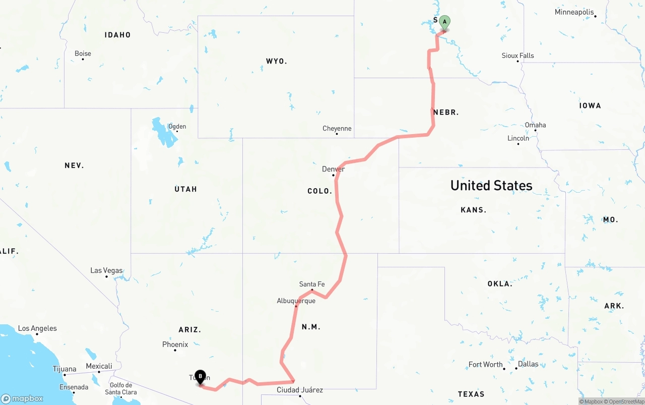 Shipping route from South Dakota to Tucson International Airport