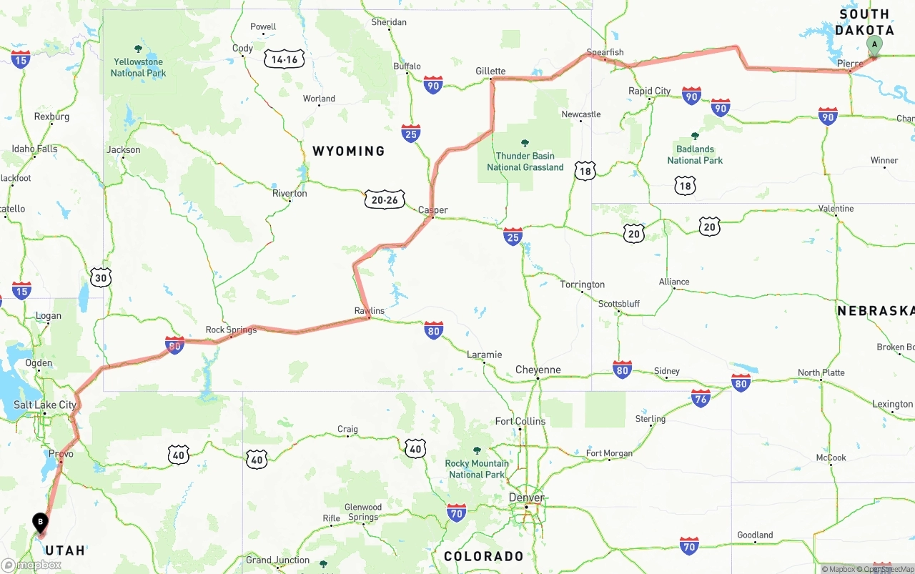 Shipping route from South Dakota to Utah