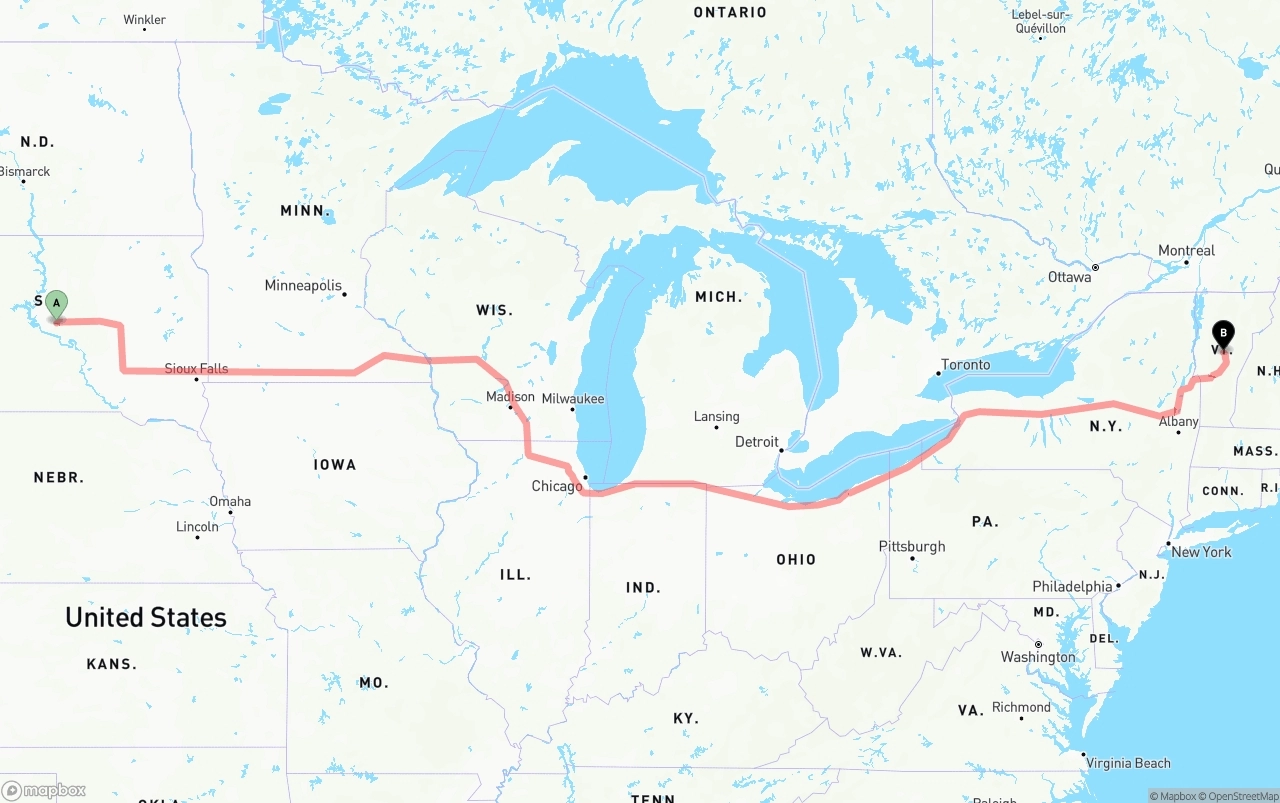 Shipping route from South Dakota to Vermont