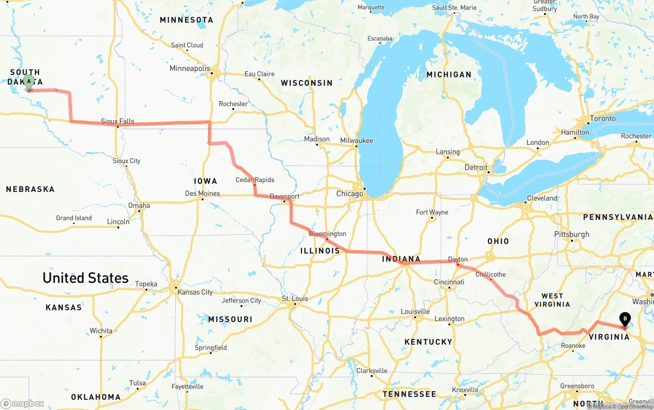 Shipping route from South Dakota to Virginia