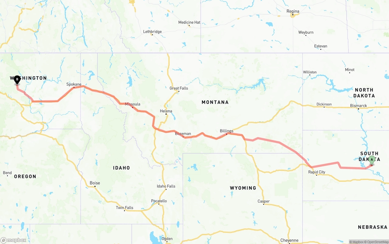 Shipping route from South Dakota to Washington