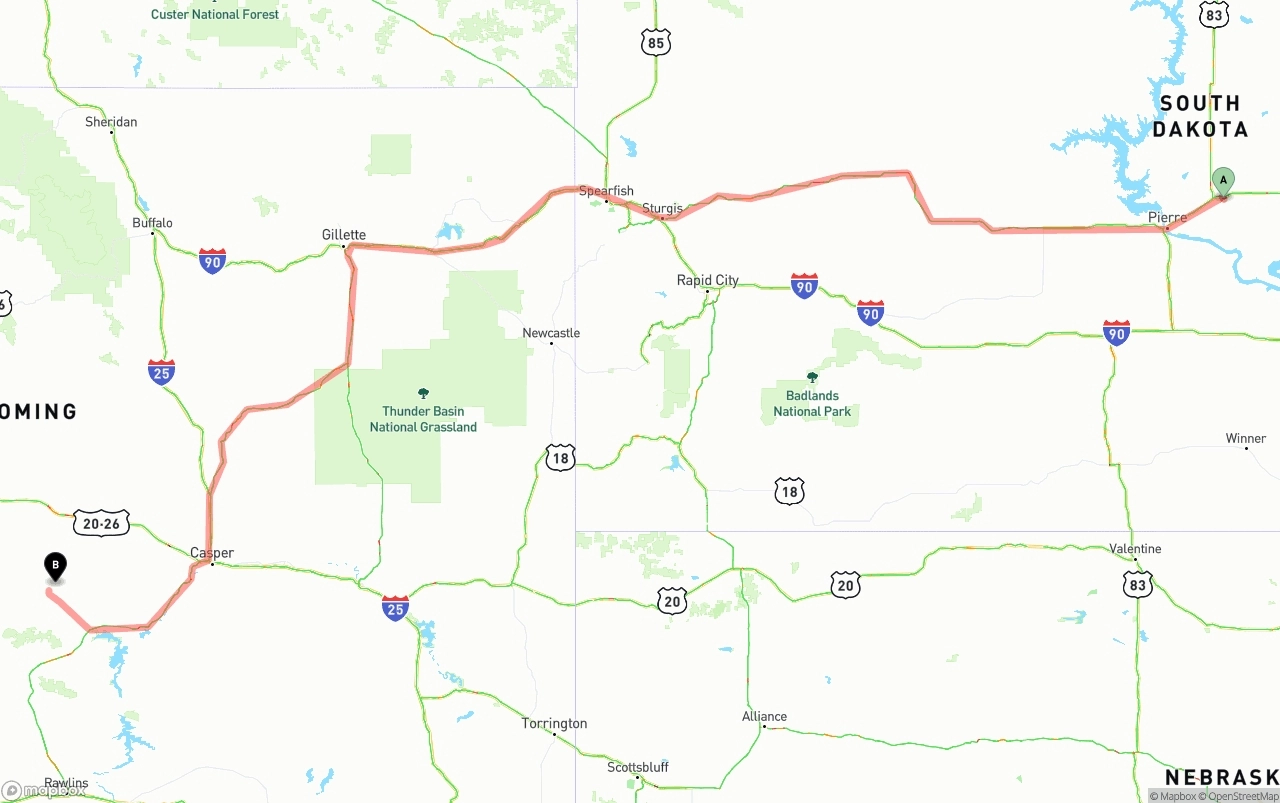 Shipping route from South Dakota to Wyoming