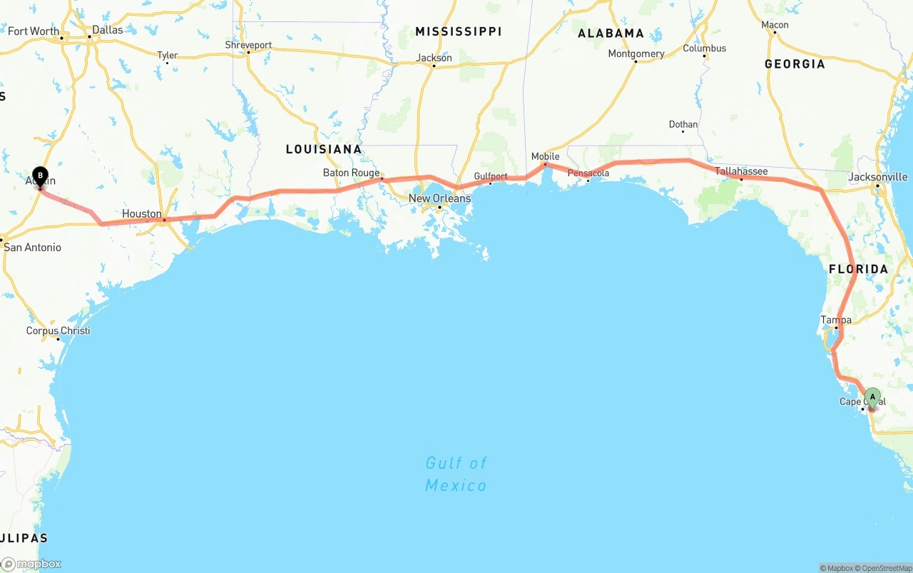 Shipping route from Southwest Florida International Airport to Austin