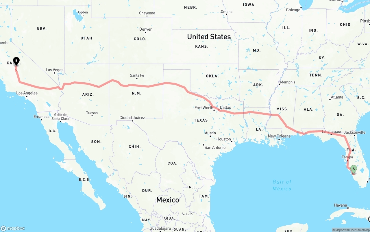 Shipping route from Southwest Florida International Airport to California