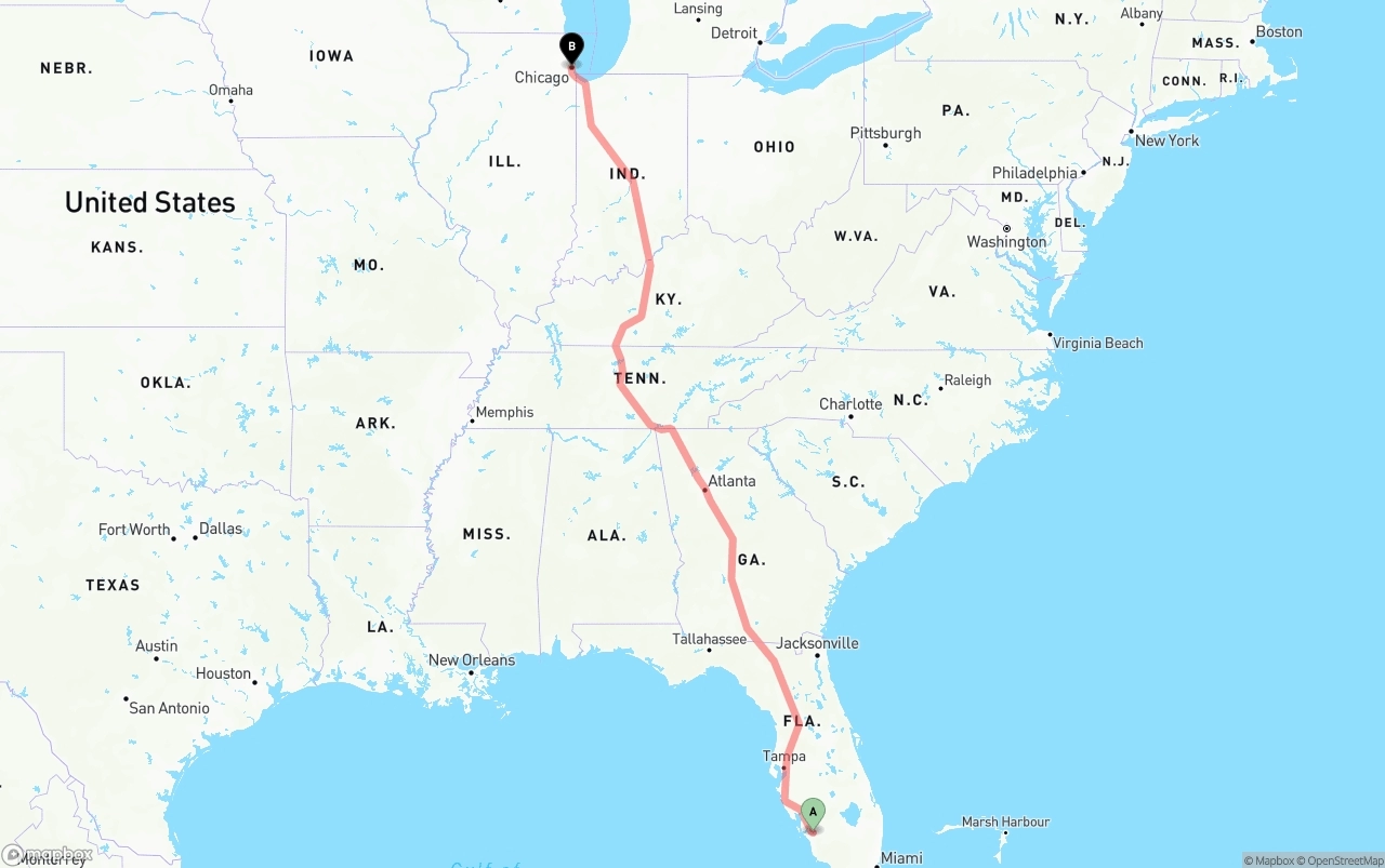 Shipping route from Southwest Florida International Airport to Chicago