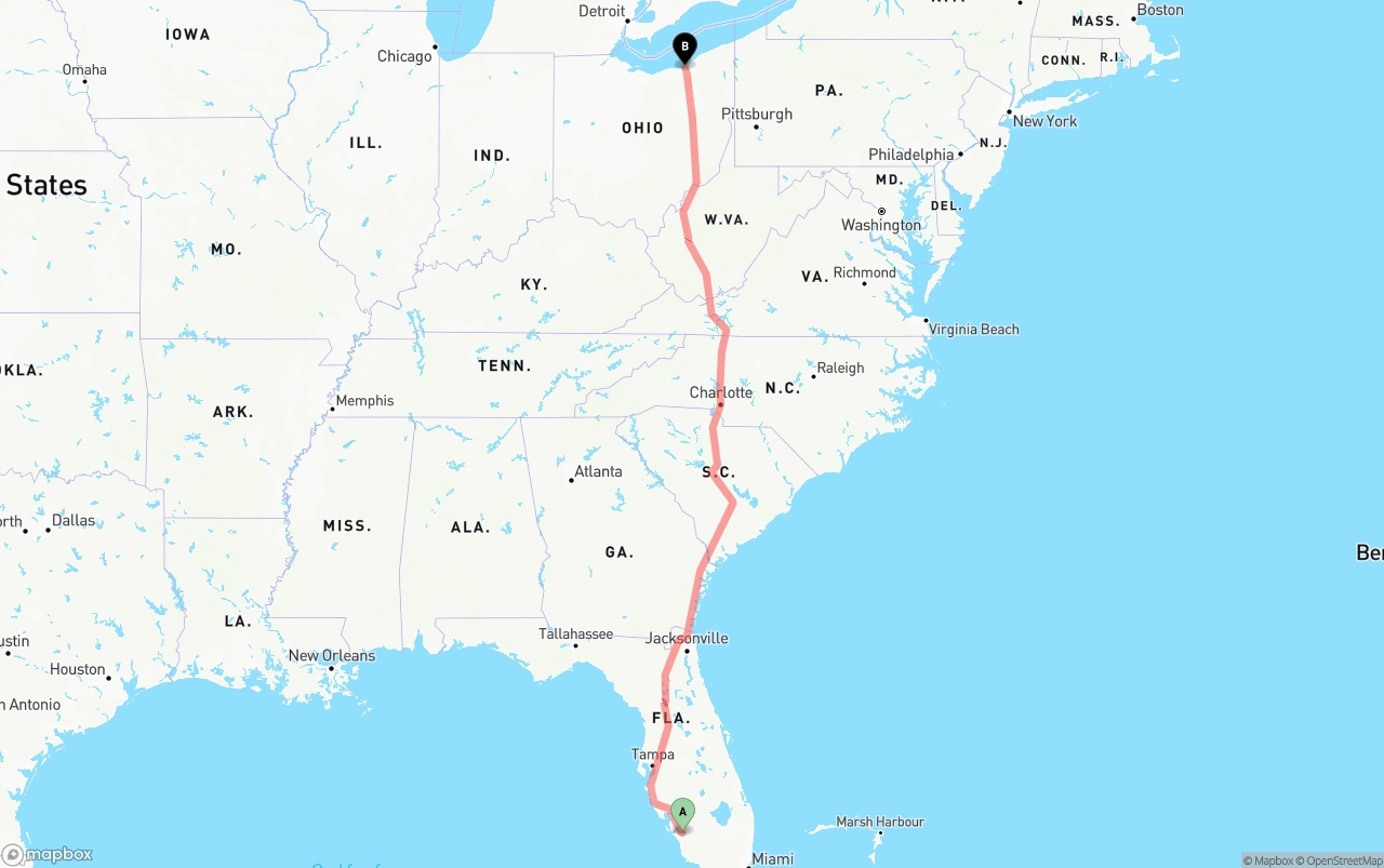 Shipping route from Southwest Florida International Airport to Cleveland