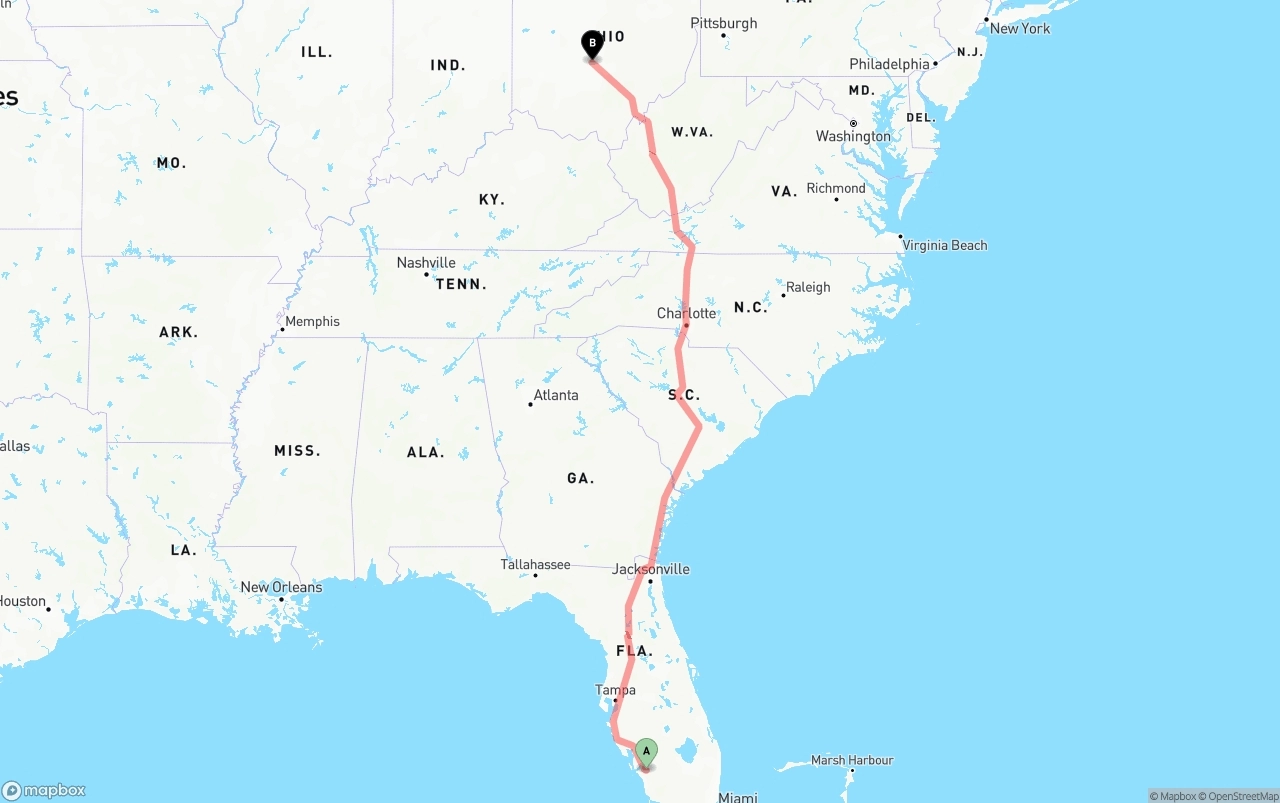 Shipping route from Southwest Florida International Airport to Columbus