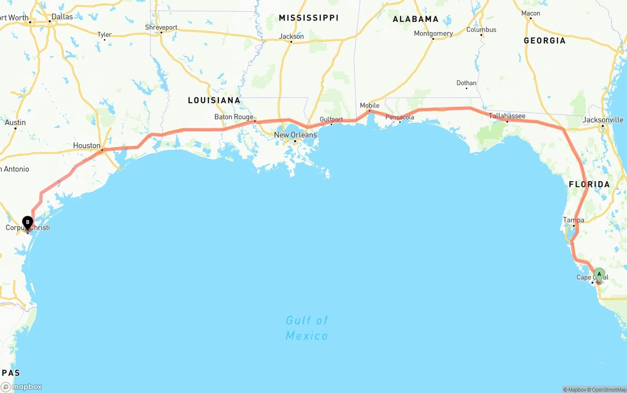 Shipping route from Southwest Florida International Airport to Corpus Christi