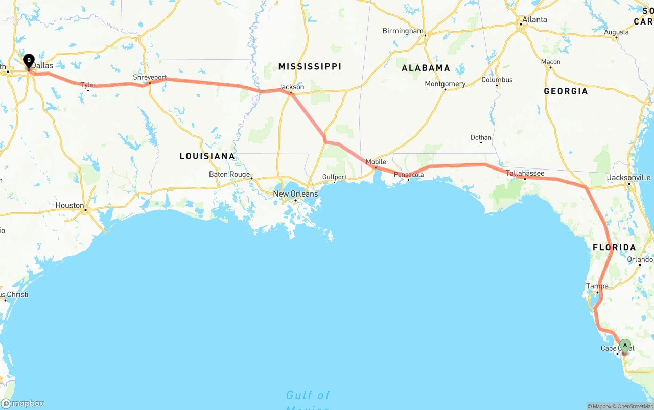 Shipping route from Southwest Florida International Airport to Dallas