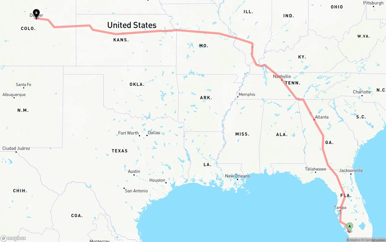 Shipping route from Southwest Florida International Airport to Denver