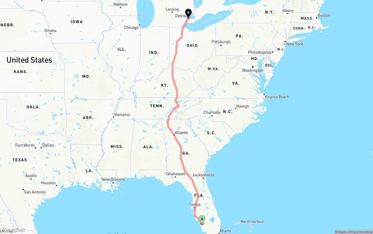 Shipping route from Southwest Florida International Airport to Detroit