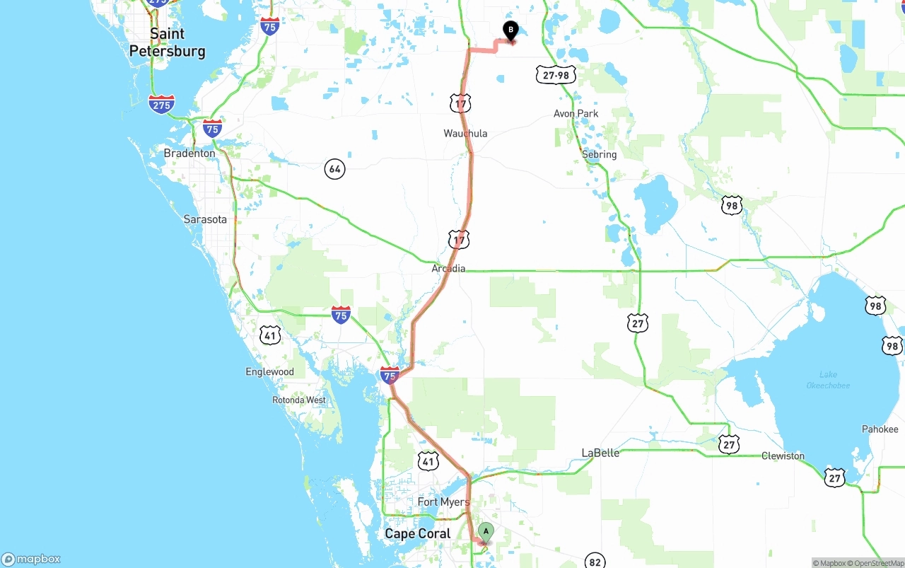 Shipping route from Southwest Florida International Airport to Florida
