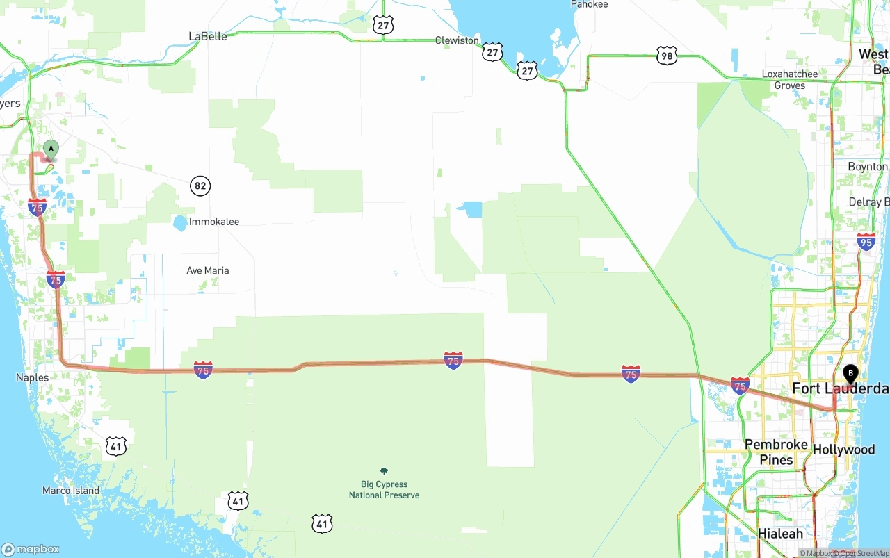 Shipping route from Southwest Florida International Airport to Ft. Lauderdale