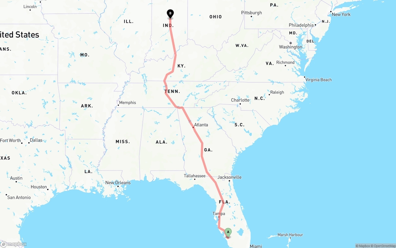 Shipping route from Southwest Florida International Airport to Indiana