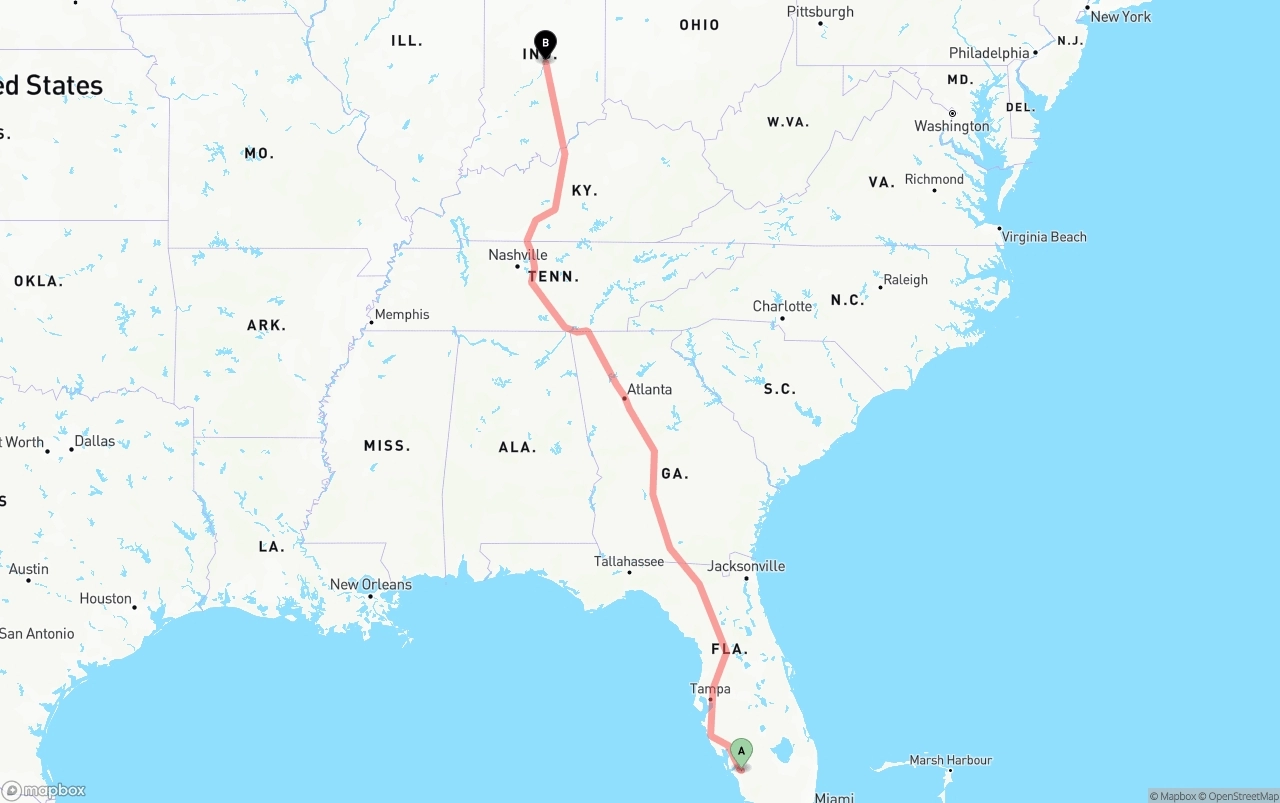 Shipping route from Southwest Florida International Airport to Indianapolis