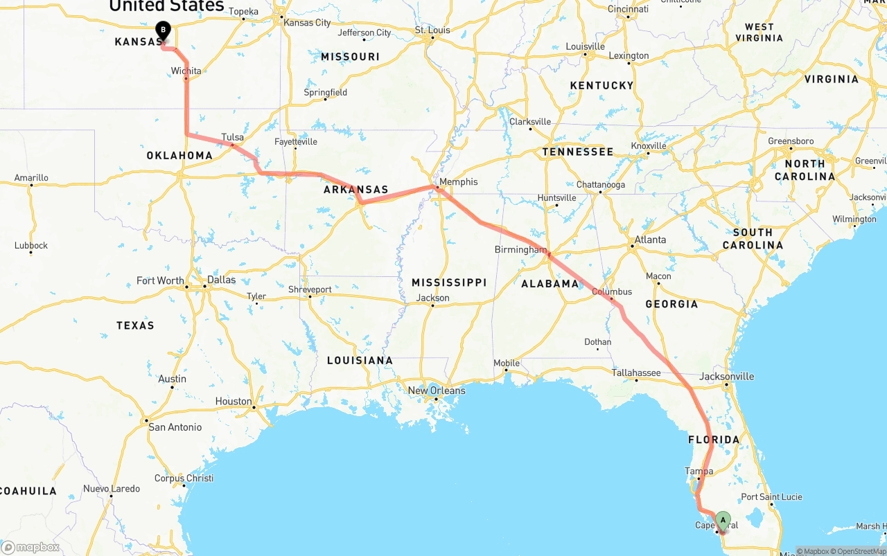 Shipping route from Southwest Florida International Airport to Kansas