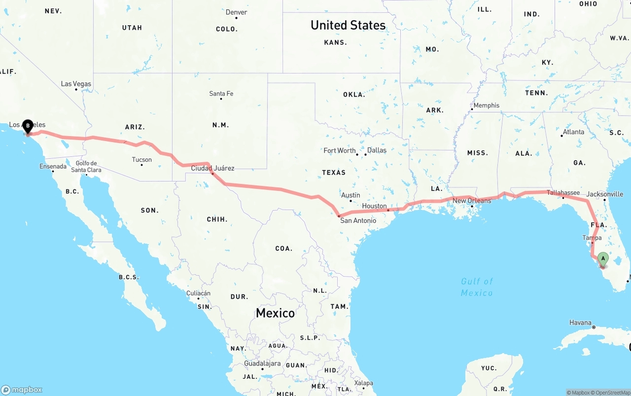 Shipping route from Southwest Florida International Airport to Long Beach