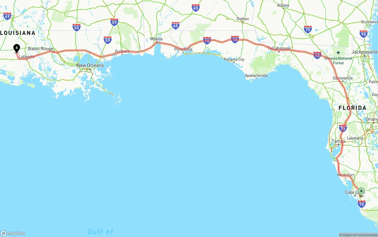 Shipping route from Southwest Florida International Airport to Louisiana