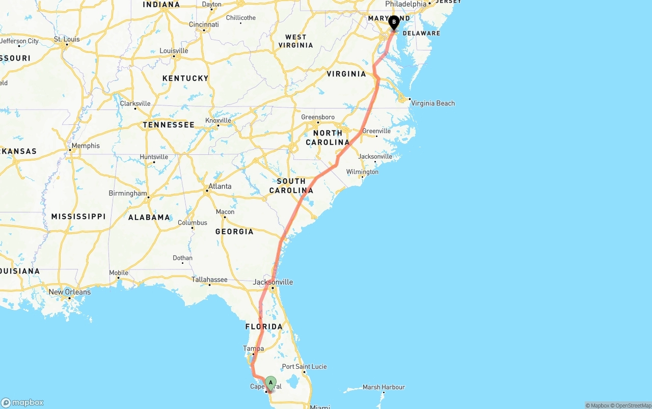 Shipping route from Southwest Florida International Airport to Maryland