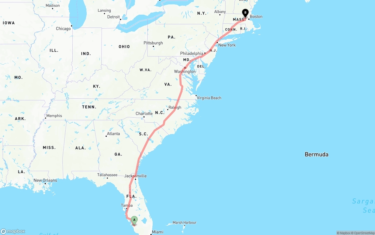 Shipping route from Southwest Florida International Airport to Massachusetts