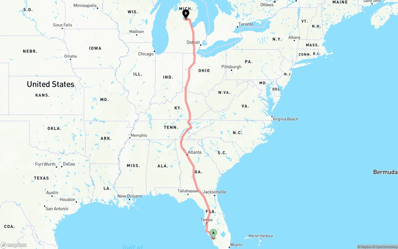 Shipping route from Southwest Florida International Airport to Michigan